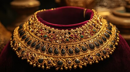 Luxurious Indian bridal gold necklace with intricate designs and gemstone accents, artistically arranged on a velvet cushion for an elegant display