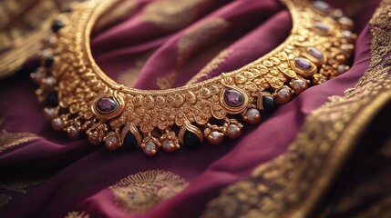 Obraz premium Luxurious Indian gold necklace with intricate patterns and gemstone details, beautifully displayed on a royal silk fabric, capturing cultural heritage