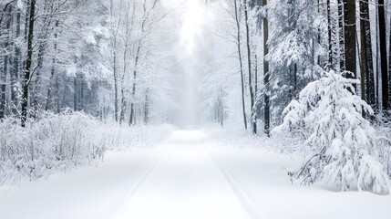 Serene snowy forest path illuminated by soft sunlight filtering through trees on a calm winter day. A peaceful, tranquil landscape capturing the beauty of a snow-covered trail surrounded