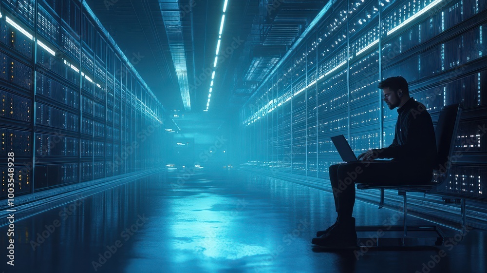 Poster cutting-edge vision: tech guru in futuristic data center utilizing laptop amidst warehouse, streamli