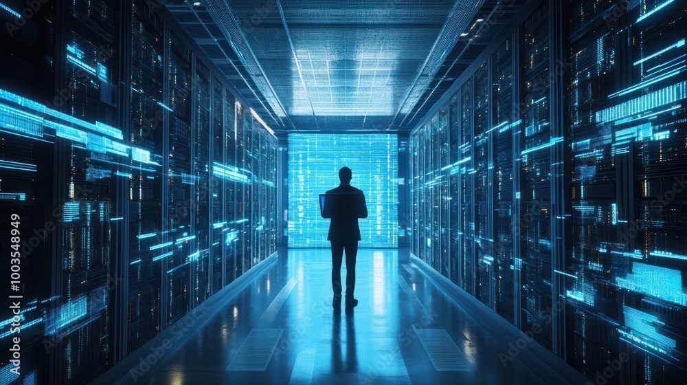 Poster cutting-edge vision: tech guru in futuristic data center utilizing laptop amidst warehouse, streamli