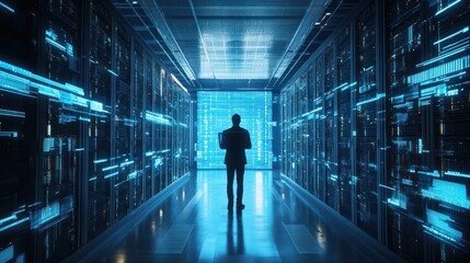 Cutting-edge Vision: Tech Guru in Futuristic Data Center Utilizing Laptop Amidst Warehouse, Streamlined Digitalization with Server-Based Information. SAAS, Cloud Computing, Web Service Empowered.