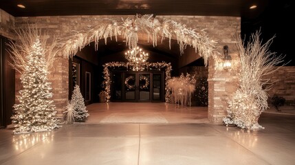 A decorated entry way with christmas trees and lights