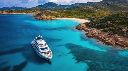 Fototapeta premium Luxurious yacht anchored in a private cove along SardiniaAEs rugged coastline, surrounded by turquoise waters and green hills