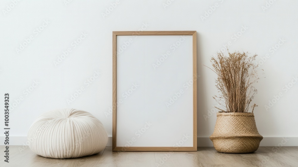 Wall mural A picture frame sitting next to a vase of dried grass