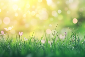 Obraz premium Delicate pink flowers blooming in a field of fresh green grass with a blurred background of warm sunlight and bokeh.