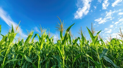 Panoramic image of a flourishing corn field plantation, with vibrant green corn stalks swaying in the breeze under clear blue skies.