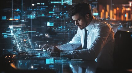 Fototapeta premium Digital Workspace Concept: A businessman working on a digital system, representing technology, data, and online business management