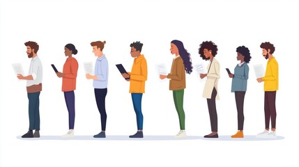 Fototapeta premium Diverse people in smart casual clothes holding paper documents, CV, resumes, laptops, and cell phones waiting in line for job interviews or business appointments in recruitment agencies, modern offic