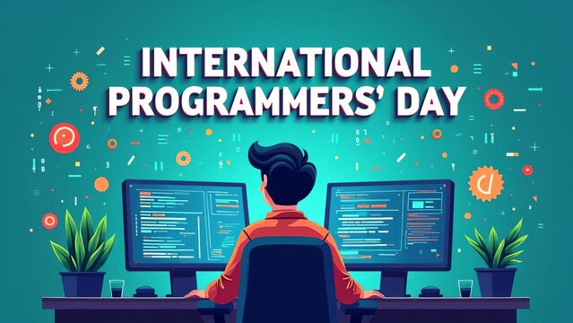 International Programmers' Day: Illustration of Coder Working on Multiple Screens with Programming Languages and Symbols (157 characters)