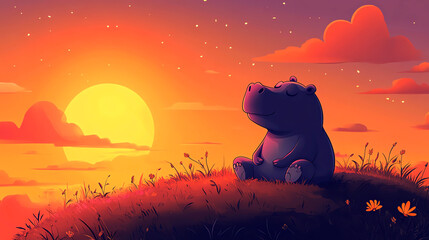 Cute cartoon hippopotamus sitting on a grassy hill, gazing at a vibrant sunset with colorful clouds and a glowing sun in the background.