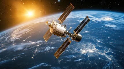 Spacecraft Orbiting Earth with Sunrise