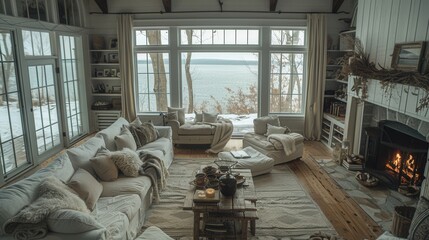 A living room filled with furniture and a fire place