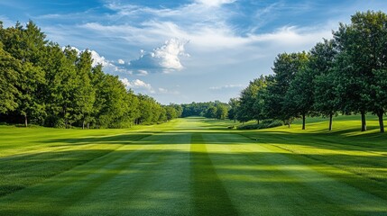 Peaceful golf course fairway, with vibrant grass and a tree-lined path leading into the horizon, framed by a cloudless sky.