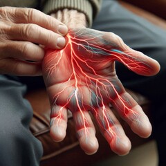 Elderly patient’s hand displaying symptoms of peripheral neuropathy pain and weakness