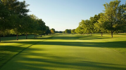 Peaceful golf course fairway, with vibrant grass and a tree-lined path leading into the horizon, framed by a cloudless sky.