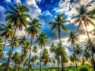 Fototapeta premium Lush palm trees rise against a stunning cloudy blue sky, creating a picturesque tropical paradise that captivates with