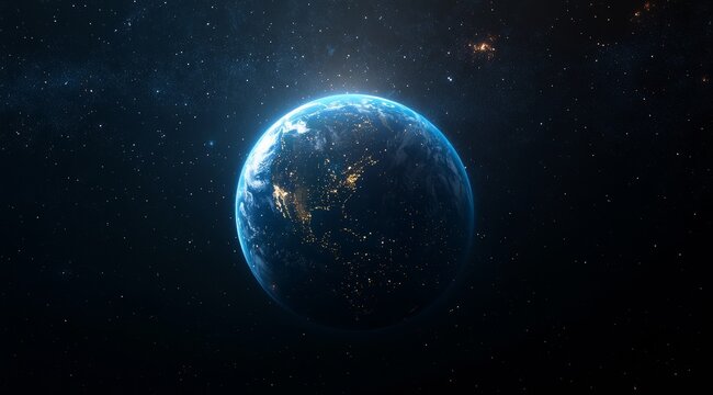 A stunning view of planet Earth from space, showing the bright city lights of North America. The planet is surrounded by a vast expanse of stars, creating a majestic and awe-inspiring scene.