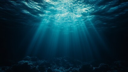 Fototapeta premium Underwater scene with sunbeams shining through the water surface.