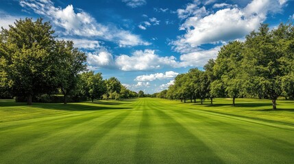 Obraz premium Scenic golf course fairway with neatly trimmed green grass, bordered by tall trees and open skies. Perfect setting for golfers.