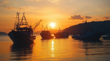 Fototapeta premium Silhouette of fishing boats at sunrise, with warm sunlight reflecting off the calm sea at Rawai Beach, Phuket, creating a serene coastal scene.