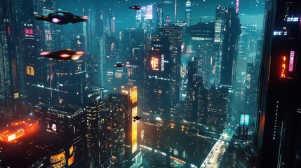 A futuristic cityscape with glowing skyscrapers, neon signs, flying cars, and a rainy atmosphere.