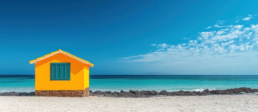 A small yellow beach hut with a turquoise roof and a green window on a beach with turquoise water and white sand under a blue sky.