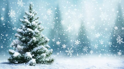 Festive christmas background with pine trees and snowflakes in a winter wonderland, snow falling gently in a vector illustration