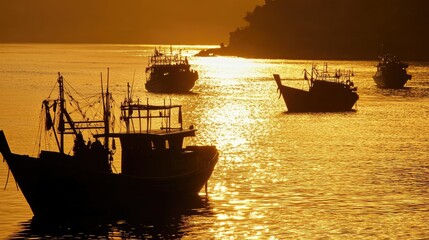 Obraz premium Silhouettes of fishing boats at Rawai Beach, gently swaying on the water as the sun rises, casting a warm golden reflection on the sea.