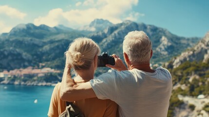 Generative AI portrait of two people retired couple spending vacation together photographing summer view