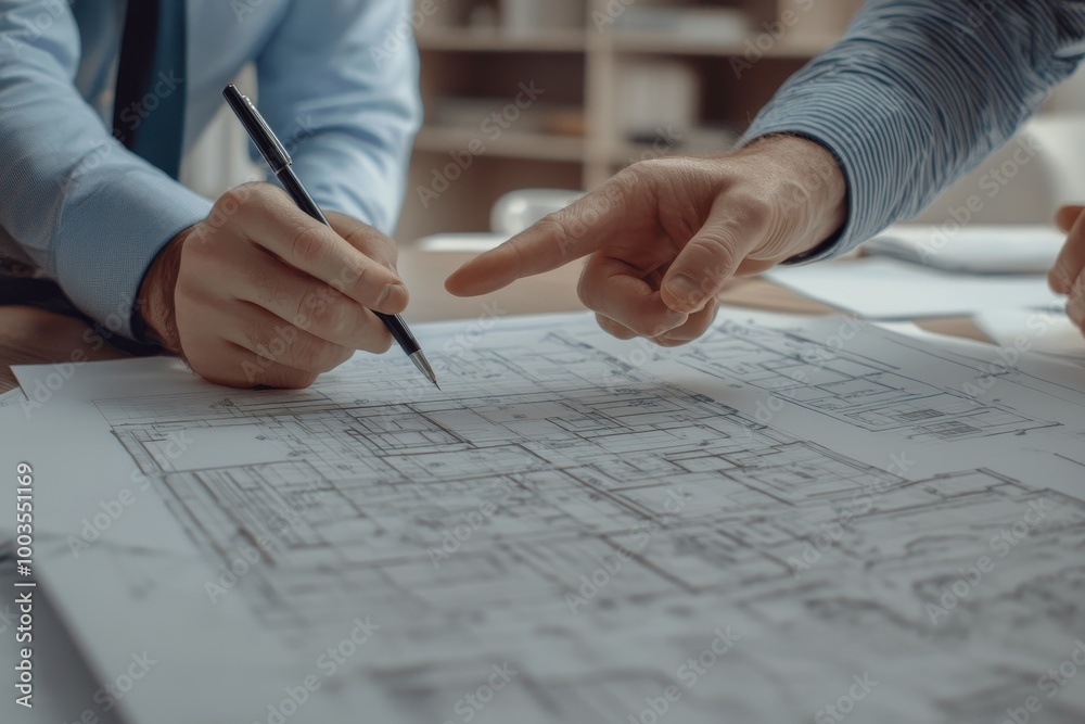 Poster close-up of two hands reviewing a blueprint, one with a pen, the other pointing.