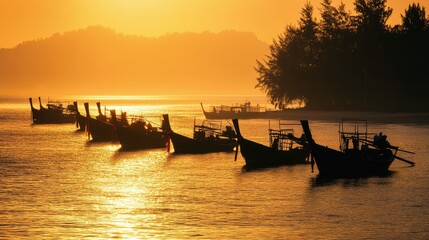 Silhouettes of fishing long-tail boats in the sea at dawn, with the golden reflection of sunlight glistening on the water at Rawai Beach, Phuket.