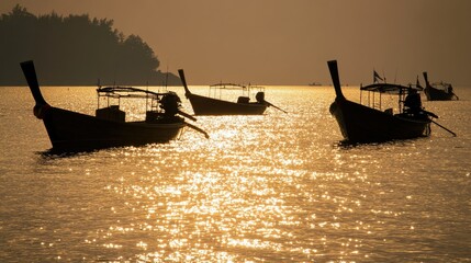 Obraz premium Silhouettes of fishing long-tail boats in the sea at dawn, with the golden reflection of sunlight glistening on the water at Rawai Beach, Phuket.