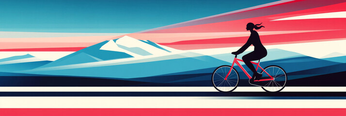 Woman on a bicycle riding through a mountain range.