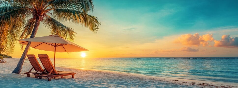 Two beach chairs under an umbrella on a tropical beach at sunset.