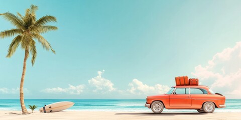 A red car with luggage on top and a surfboard on a sandy beach next to a palm tree.