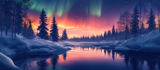 A snowy forest scene with a river flowing through it. The sky is lit up by the aurora borealis, with a beautiful pink and purple glow.