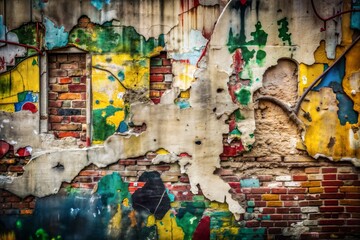 Naklejka premium Close-up of brick wall with peeling paint in vibrant colors