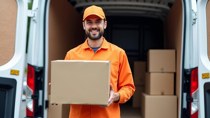 Delivery Man Carrying Box: Professional Courier Service with Smiling Worker Transporting Packages from Van for Fast and Reliable Shipping Solutions
