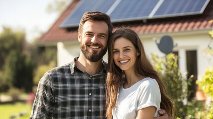 Fototapeta premium happy couple in front of house with solar panels