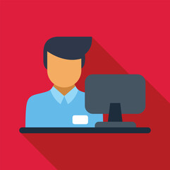 Male receptionist wearing a uniform standing behind the reception desk with a computer on it