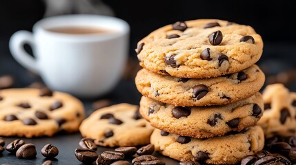 Stack of chocolate chip cookies with a cup of coffee in the background.