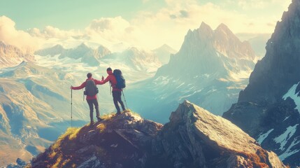 Hiker helping friend reach the mountain top, Generative Ai illustration