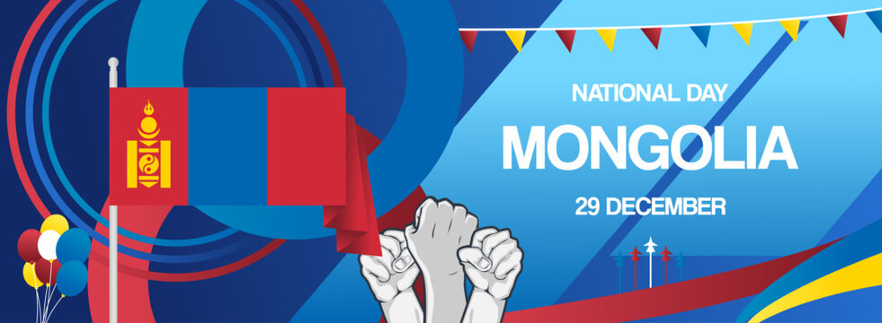 Modern banner for Mongolia national day with flag. Abstract background for holiday celebration, independence day greeting card, poster sport and music event. Horizontal templates