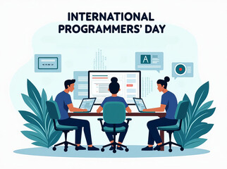 Naklejka premium International Programmers' Day Illustration: Collaborative Coding Scene with Diverse Team Working on Computer Projects