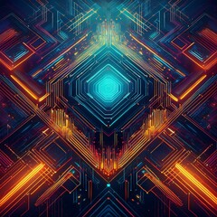 Intricate geometric pattern with bold lines and vibrant hues, ideal for tech content.