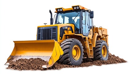 Yellow construction bulldozer on dirt pile, white isolate background