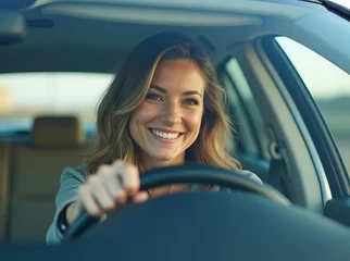 Woman Driving Car Smiling: Happy Female Driver Enjoying Road Trip in Sunlit Vehicle