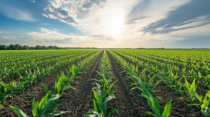 Naklejka premium Wide panoramic shot of a corn field plantation, with green stalks growing steadily under an open sky, illustrating the beauty of agriculture.