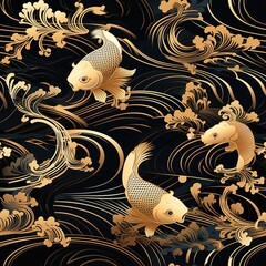 Luxury gold oriental style background. Chinese and Japanese oriental line art with golden texture. Wallpaper design with flower and koi carp fish. Ocean and wave wall art. illustration.